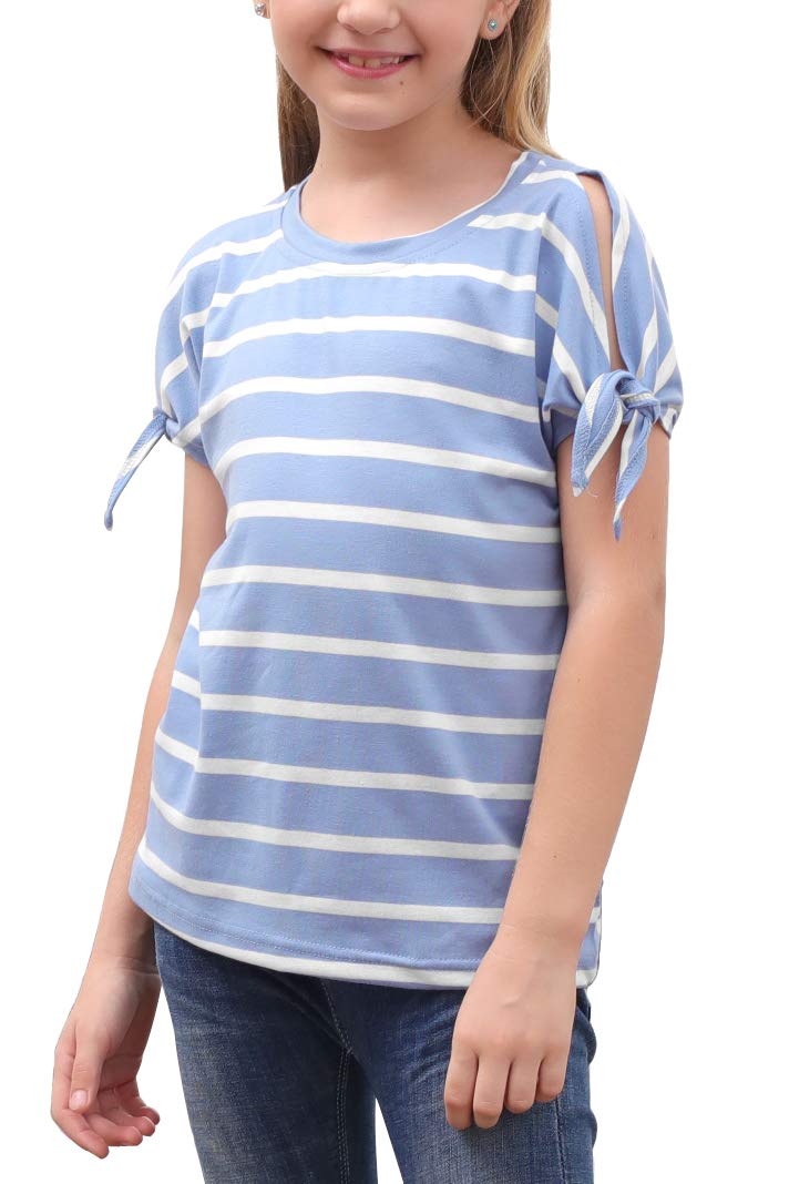 GORLYA Girl's Cut Slit Sleeve Tie Knot Cuff Stripe Tunic T-Shirt Casual Pullover Top for 4-14T Kids (GOR1049, 9-10Y, Blue Stripe) - Image 1